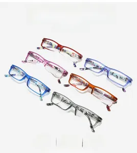 Close-up of stylish full-frame square glasses in six vibrant colors with graffiti temples
