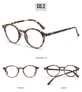 Detailed views of round tortoiseshell eyewear frame from front, back, and side angles
