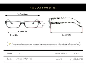 Detailed size chart for retro square reading glasses with precise frame measurements