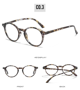 Three-angle view of lightweight tortoise shell round glasses frame showing front and side