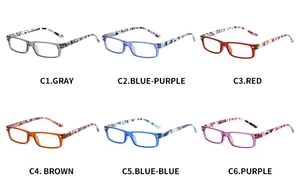 Retro rectangular reading glasses shown in six stylish patterned frame color options
