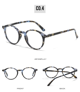 Three-angle view of lightweight round tortoiseshell glasses frames in blue-brown texture