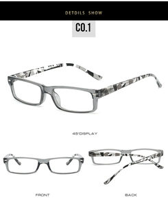 Three-view display of grey transparent rectangular frames with camo mosaic temples