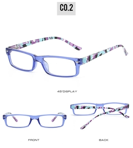 Three-way view of blue rectangular reading glasses with colorful geometric pattern temples