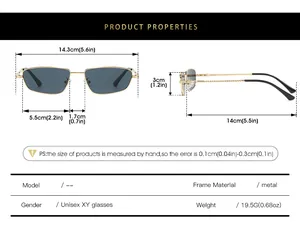 Tableau des tailles pour lunettes de soleil en métal avec dimensions et détails techniques