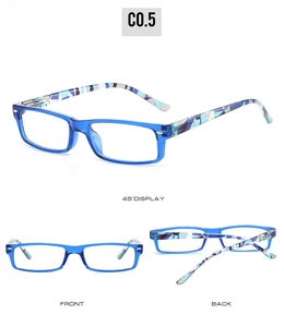 Three-way view of blue square reading glasses with mosaic patterned temple detail