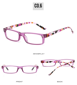 Three-view display of purple square reading glasses with geometric patterned temples
