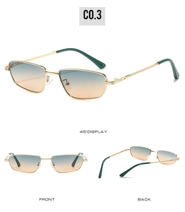 Trois vues de lunettes de soleil dorées vintage avec des verres dégradés bleu à orange