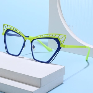 Chic cat eye blue light blocking glasses with neon green hollow metal frames in blue