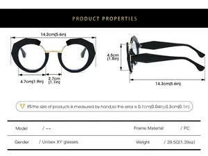 Detailed size chart for round blue light blocking glasses with frame dimensions