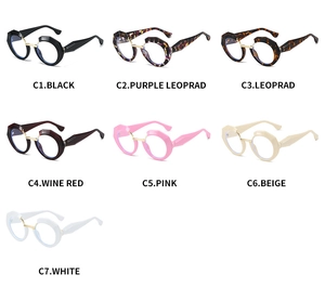 Detailed overview of oversized round frames in diverse colors from black to leopard print