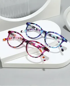 Close-up of geometric printed eyeglass frames with CE mark on colorful temple arms