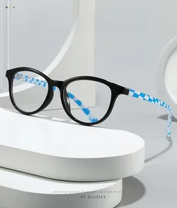 Detail of square glasses featuring blue and white checkerboard temples on a white pedestal
