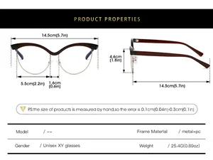 Size chart showing frame width 14.5cm for cat eye glasses made of metal and PC