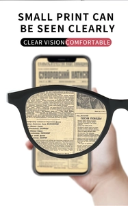 Visual demonstration of clear vision through square reading glasses lenses on text