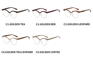 Cat eye eyebrow frame glasses in five colors including gold, red, and leopard patterns