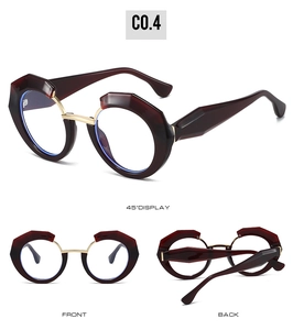 Detailed views of wine red geometric eyeglass frames with gold metal bridges and hinges