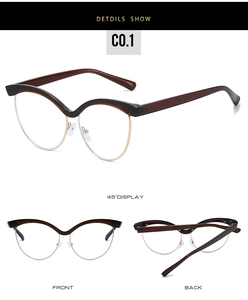 Cat-eye glasses with brown acetate upper frame and gold metal lower rim in multiple views