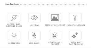 Detail of square glasses lenses showing anti-glare, HD vision, and impact resistance features