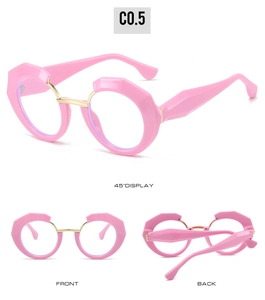 Detail view of pink polygonal eyeglass frames with gold bridge from three angles