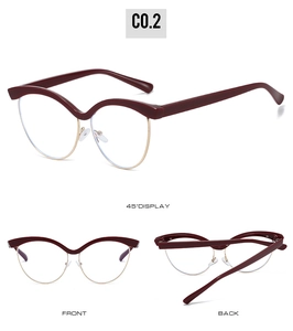 Three-way view of wine red cat eye glasses with half-frame design and gold metal accents
