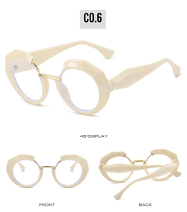 Multiple views of beige geometric round anti-blue light glasses with gold bridge