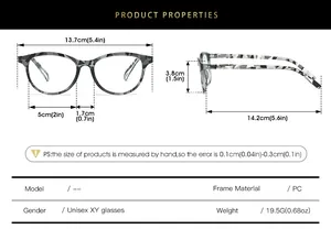Detailed size chart for square frame reading glasses with PC material specifications