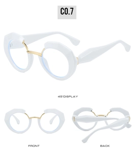Three perspectives of white geometric glasses frames with gold metal bridge and blue light lenses
