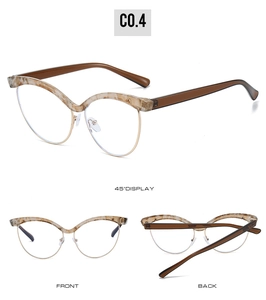Three-view display of cat-eye glasses with marble brown upper frame and gold metal rim
