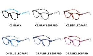 Multiple color options of square frame reading glasses including leopard and classic black