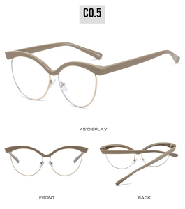 Three-view layout of cat-eye eyewear showing 45-degree angle, front and back views