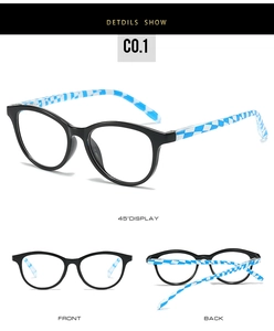 Detail view of square frame glasses showing blue and white checkered pattern on temples