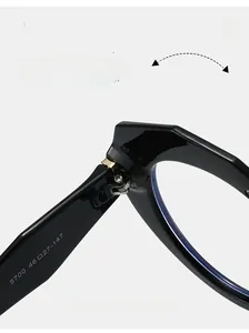 Close-up of durable metal hinge and size specs on black thick-frame glasses temple