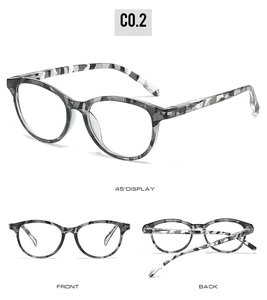 Three perspectives showing the square frame floral reading glasses with anti-blue light lens