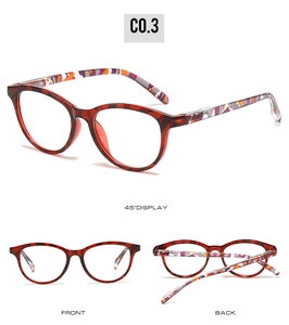 Detail view of square eyeglass frames with red tortoise finish and colorful geometric temples