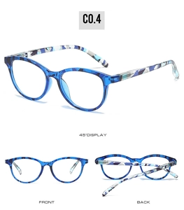 Three-view display of blue camouflage square frame glasses with anti-blue light lenses
