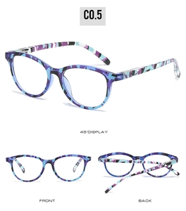 Three-way view of square frame readers with blue and purple geometric mosaic pattern