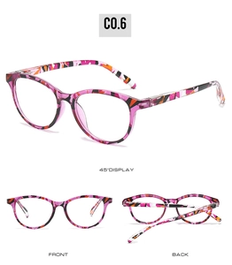 Square floral reading glasses shown in 45-degree, front, and back views with purple pattern