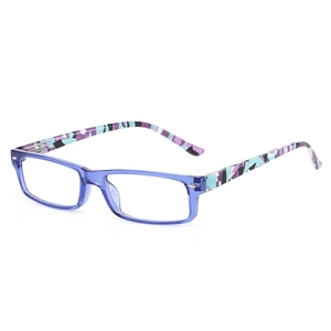 Blue translucent rectangle frame glasses with colorful geometric pattern temples