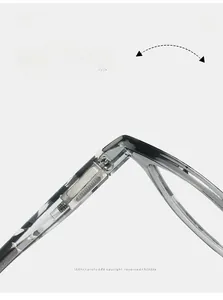 Detail shot of durable metal hinge on transparent grey square frame glasses