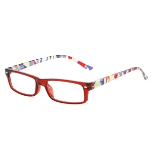 Vintage rectangle reading glasses with reddish-brown frames and colorful patterned temples