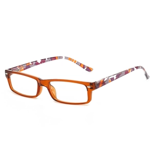 Vintage rectangle reading glasses in amber frame with colorful geometric patterned temples