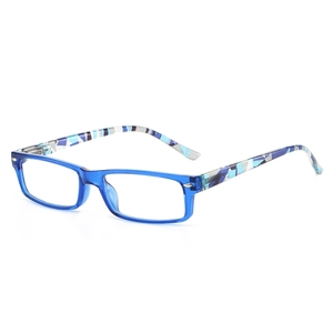 Blue rectangular full-rim glasses with geometric pattern temples on white background