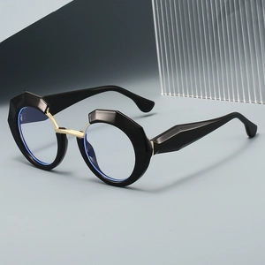 Oversized geometric round black and gold frame glasses with anti-blue light lenses