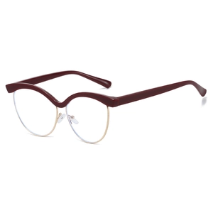 Fashionable cat-eye half-rim glasses with burgundy top frame and gold metal lower rim