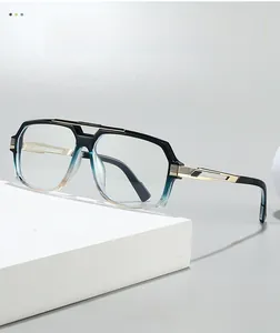 Detailed view of dual-bridge vintage frame with blue gradient finish and gold metal temples