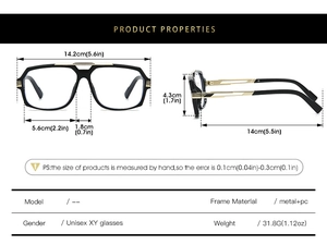Detailed size specifications for XY series black and gold double bridge metal frames