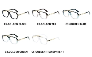 Detailed display of double-bridge aviator eyeglass frames in five diverse color combinations