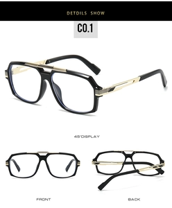 Detailed multi-angle views of black and gold double-bridge eyeglass frames for men