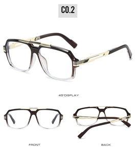 Three-view display of double-bridge pilot eyeglass frames with gold metal temples